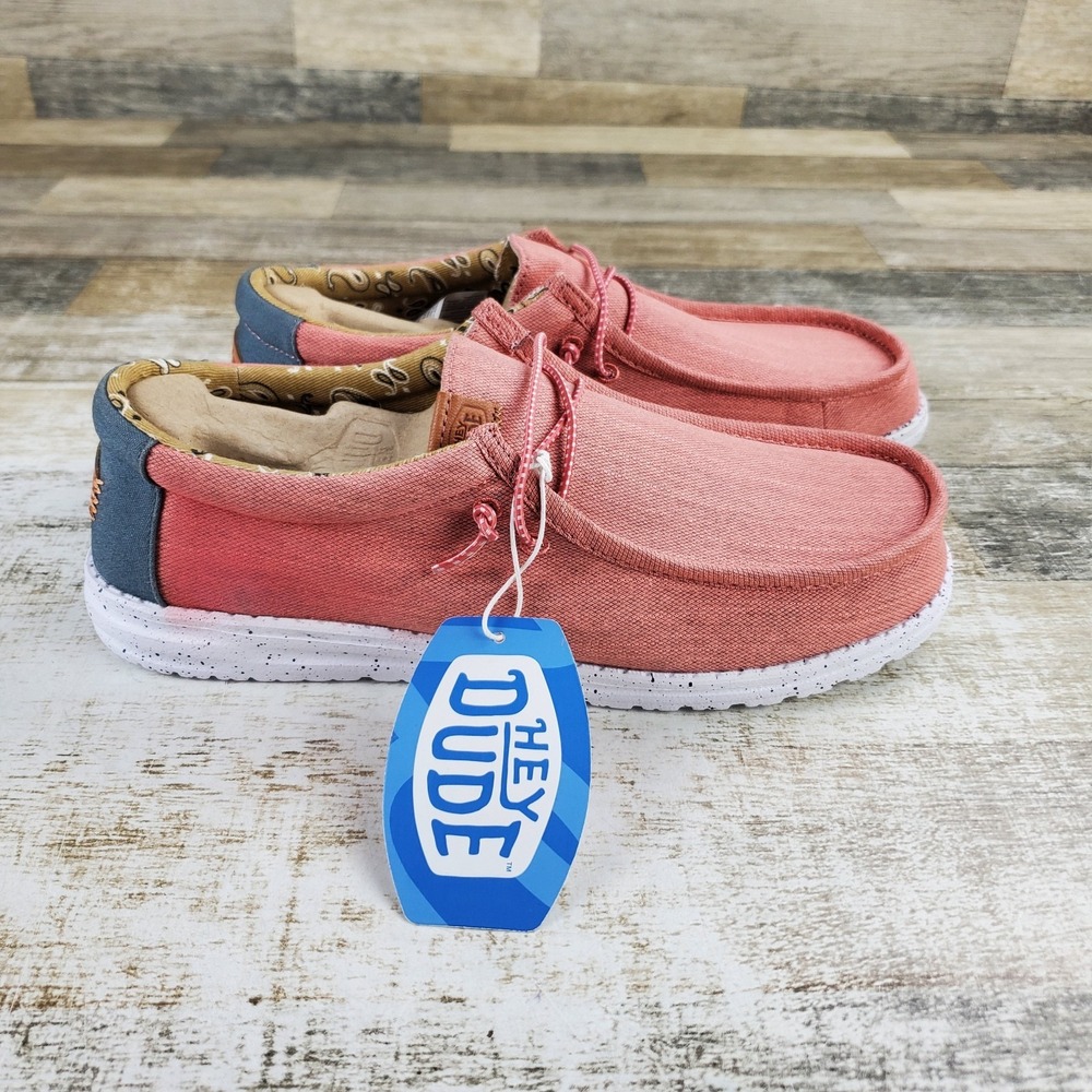 Hey Dude Wally Washed Canvas Mens Casual Shoes Sz 11 Red Blue Comfort Round Toe